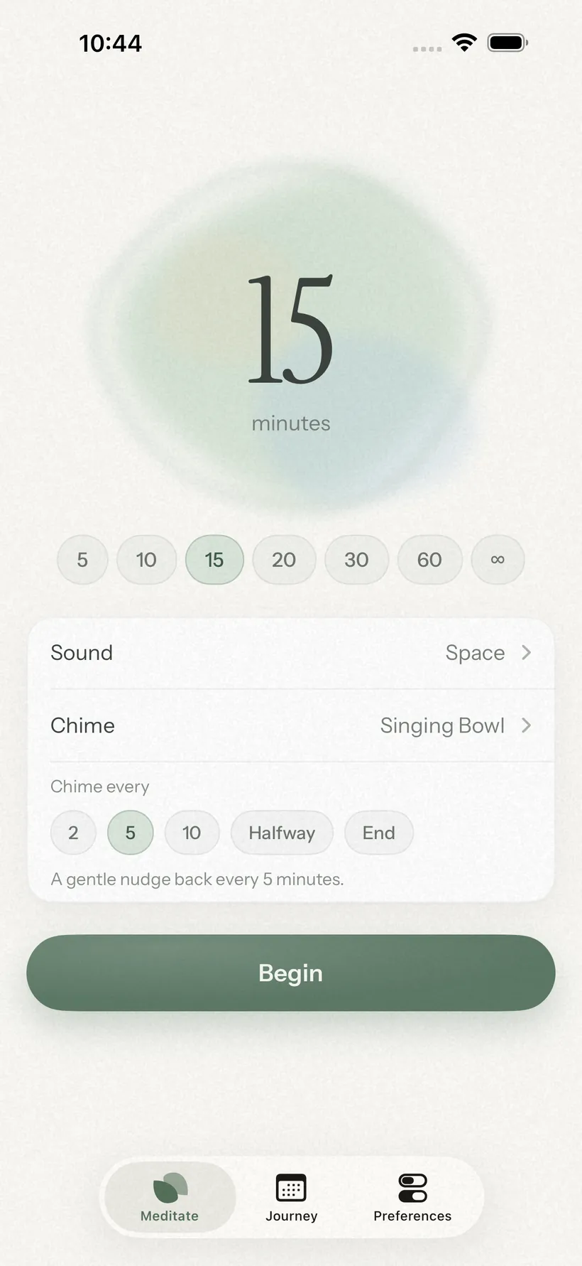 The Nanea home screen: a fifteen-minute sitting ready to begin
